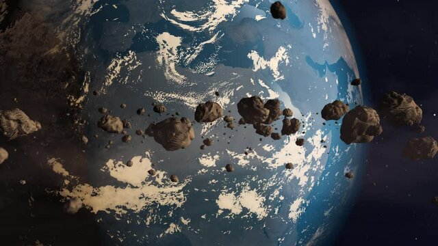 Asteroids in space hitting planet earth