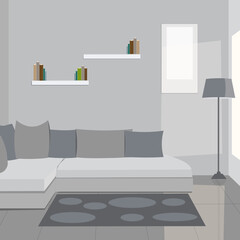 Living room interior design with sofa, lamp, carpet, and getting sunlight from the window. Vector illustration design