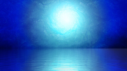 hand painted fantasy portal glowing in white over dark blue sky reflecting over calm sea ocean water surface