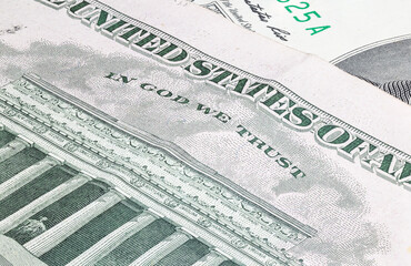 Macro close up on the design surface of 5 dollar notes. Banknotes of the United States America. Wallpaper background money. Detailed currency closeup. US Dollars isolated flat capture, USD