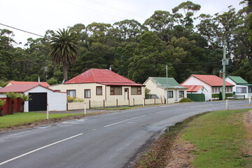 Fototapeta na wymiar Street scene in the village of Strahan, western Tasmania, Australia.