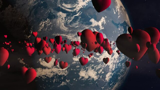 Heart emojis in space falling towards earth
