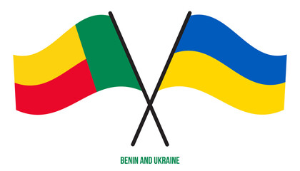 Benin and Ukraine Flags Crossed And Waving Flat Style. Official Proportion. Correct Colors.