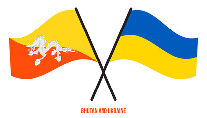 Bhutan and Ukraine Flags Crossed And Waving Flat Style. Official Proportion. Correct Colors.