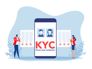 KYC or know your customer with business verifying the identity of its clients concept at the partners-to-be through a magnifying glass vector illustrator - obrazy, fototapety, plakaty