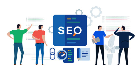SEO search engine optimization marketing page team discussing analyzing performance code