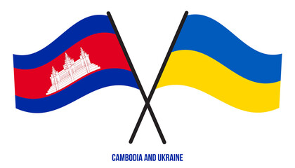 Cambodia and Ukraine Flags Crossed And Waving Flat Style. Official Proportion. Correct Colors.