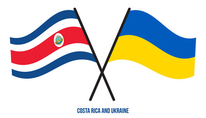 Costa Rica and Ukraine Flags Crossed And Waving Flat Style. Official Proportion. Correct Colors.