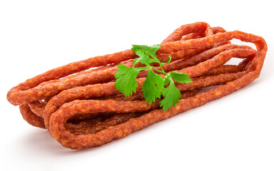 Kabanos sausages. Pork or beef meat sausage. Stick of Cabanos or Cabanossi Thin Dry Smoked Polish or Russian Sausage. Good for beer snack. High resolution food photo. Isolated on white background.