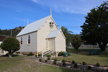 Small wooden church in Bicheno, eastern Tasmania, Australia.
