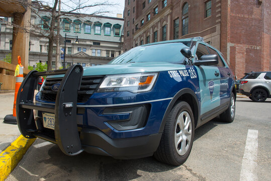 Massachusetts State Police trooper car on Beacon Hill in downtown Boston, Massachusetts MA, USA.