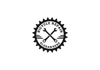logo for bicycle repair shop or place with gear and wrench