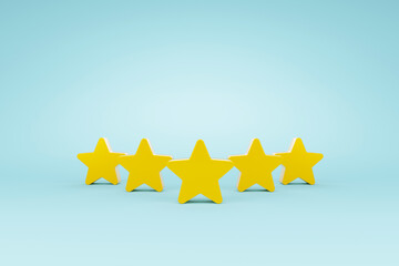 Five star shape on light blue background. The best excellent business services rating customer experience concept. 3d illustration