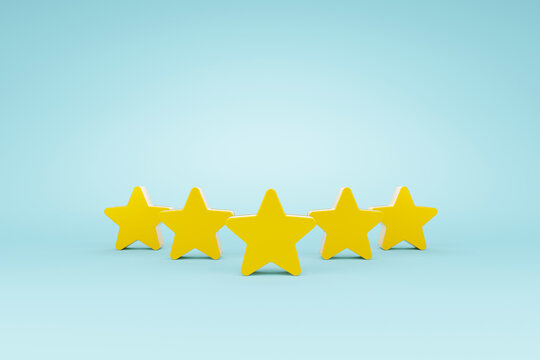 Five star shape on light blue background. The best excellent business services rating customer experience concept. 3d illustration