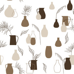 Bohemian earthy-toned vases and dried floral vector seamless repeat pattern with line art florals