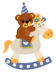 Cute vector flat bear on horseback, boho childrens clipart. Cartoon kids clipart for kids bedroom decor, birthday party or clothing textiles.	