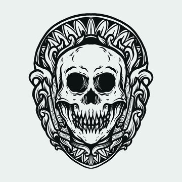 tattoo and t shirt design black and white hand drawn skull engraving ornament