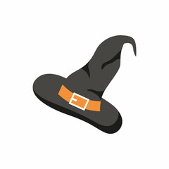 Witch hat on white background. Vector illustration for Halloween. Sticker for holiday.