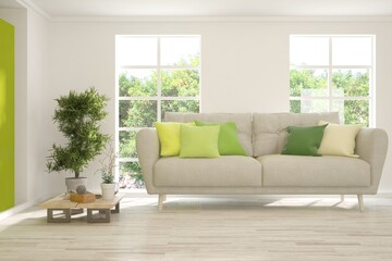 White living room with sofa and summer landscape in window. Scandinavian interior design. 3D illustration