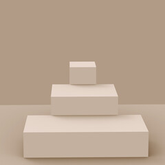 3d brown creamy stage podium scene minimal studio background. Abstract 3d geometric shape object illustration render. Display for cosmetic fashion product. Natural color tones.
