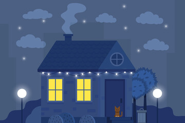 Vector illustration of night house with street lamp and tree in dark blue sky background. Art design for web, site