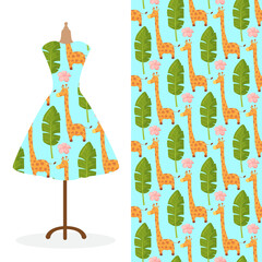Womens long dress mock up with bright seamless hand drawn pattern for textile, paper print. 