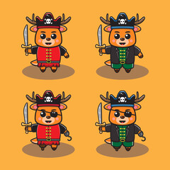 Vector illustration of cute Little Deer Pirate Captain cartoon set. Good for icon, logo, label, sticker, clipart.
