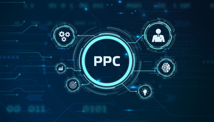 Pay per click payment technology digital marketing internet concept of virtual screen. PPC - obrazy, fototapety, plakaty