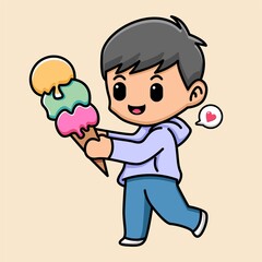 Cute boy holding ice cream cartoon illustration