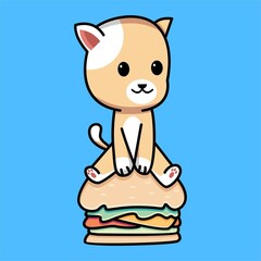Cute cat sitting on burger cartoon illustration