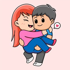 Cute boy holding his girlfriend, valentine concept, cartoon illustration