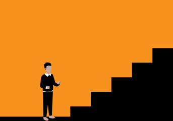 Fototapeta na wymiar Humans will climb the career ladder. Business development concept. vector illustration designs. Isolated on orange background. Step by step.