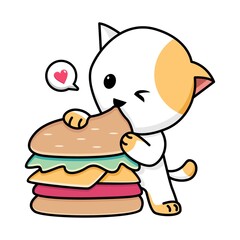 Cute cat eating burger cartoon illustration