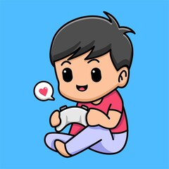 Cute boy holding game controller cartoon illustration