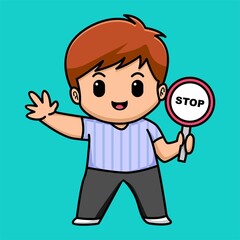 Cute boy holding stop sign board cartoon illustration