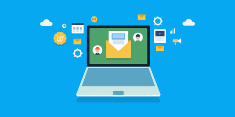 Concept of email marketing, newsletter promotion, digital marketing brand awareness campaign through email service message business communication, sending web mail to customer, video email content.