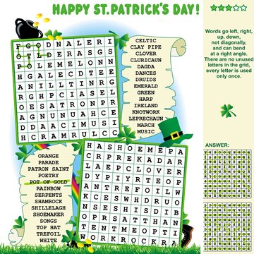 St. Patrick's Day illustrated zigzag word search puzzle (English language). Answer included.
