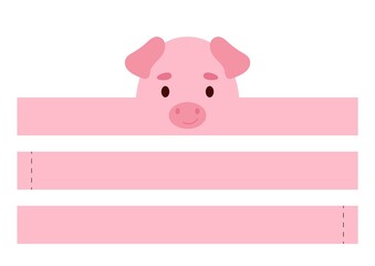 Printable pig paper crown. Diy cut party ribbon template for birthday, christmas, baby shower. Fun accessory for entertainment. Print, cut and glue. Vector stock illustration.