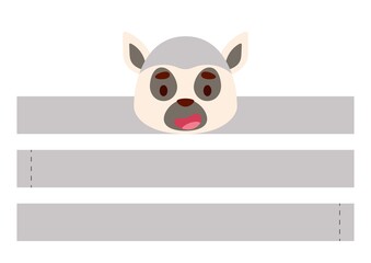 Printable lemur paper crown. Diy cut party ribbon template for birthday, christmas, baby shower. Fun accessory for entertainment. Print, cut and glue. Vector stock illustration.