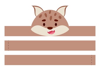 Printable lynx paper crown. Diy cut party ribbon template for birthday, christmas, baby shower. Fun accessory for entertainment. Print, cut and glue. Vector stock illustration.