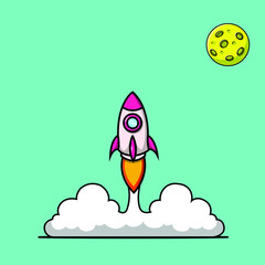 Rocket Launching and Planet Cartoon Vector Icon Illustration. Technology Transportation Icon Concept Isolated Premium Vector. Flat Cartoon Style