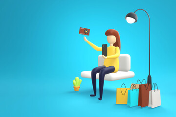 Women shopping online on popular mobile applications around the world with black phones on gradient blue background.3D rendering