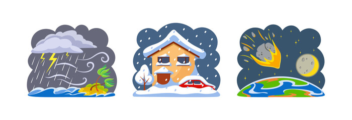 Natural disasters tropical cyclones, falling meteorites and heavy snowfall. Tornado and tropical rainstorm with strong wind breaks trees. Snowy winter, snow covered houses and cars