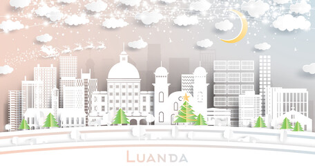 Luanda Angola City Skyline in Paper Cut Style with Snowflakes, Moon and Neon Garland.