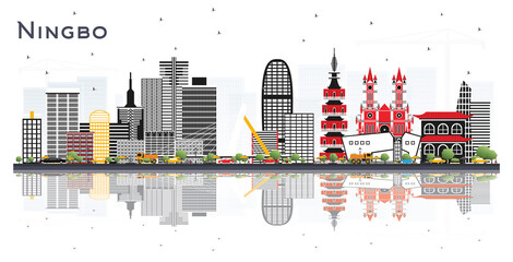 Ningbo China City Skyline with Color Buildings and Reflections Isolated on White.