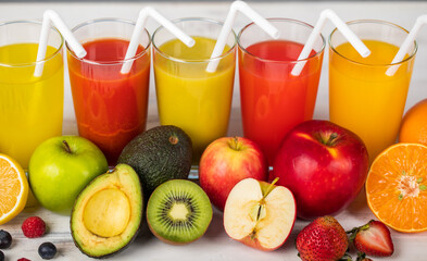 Different fruits juice in glass, apple, orange and strawberry juice with straw, looking refreshing...