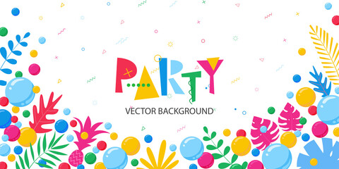 Colorful bright vector background  with bubble balloons and abstract tropical leaves in memphis style. Perfect for kids designs.