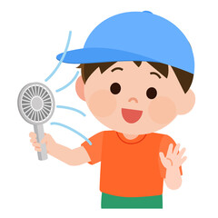 ハンディ扇風機で涼む男の子　イラスト