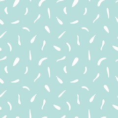 White chamomile petals have fallen from the flowers and are flying. Seamless abstract pattern on a sky blue background. For printing on fabrics, textiles, paper, interior design. 