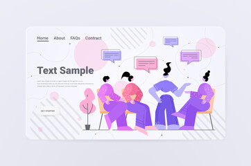 businesspeople team discussing during meeting chat bubble communication brainstorming teamwork concept